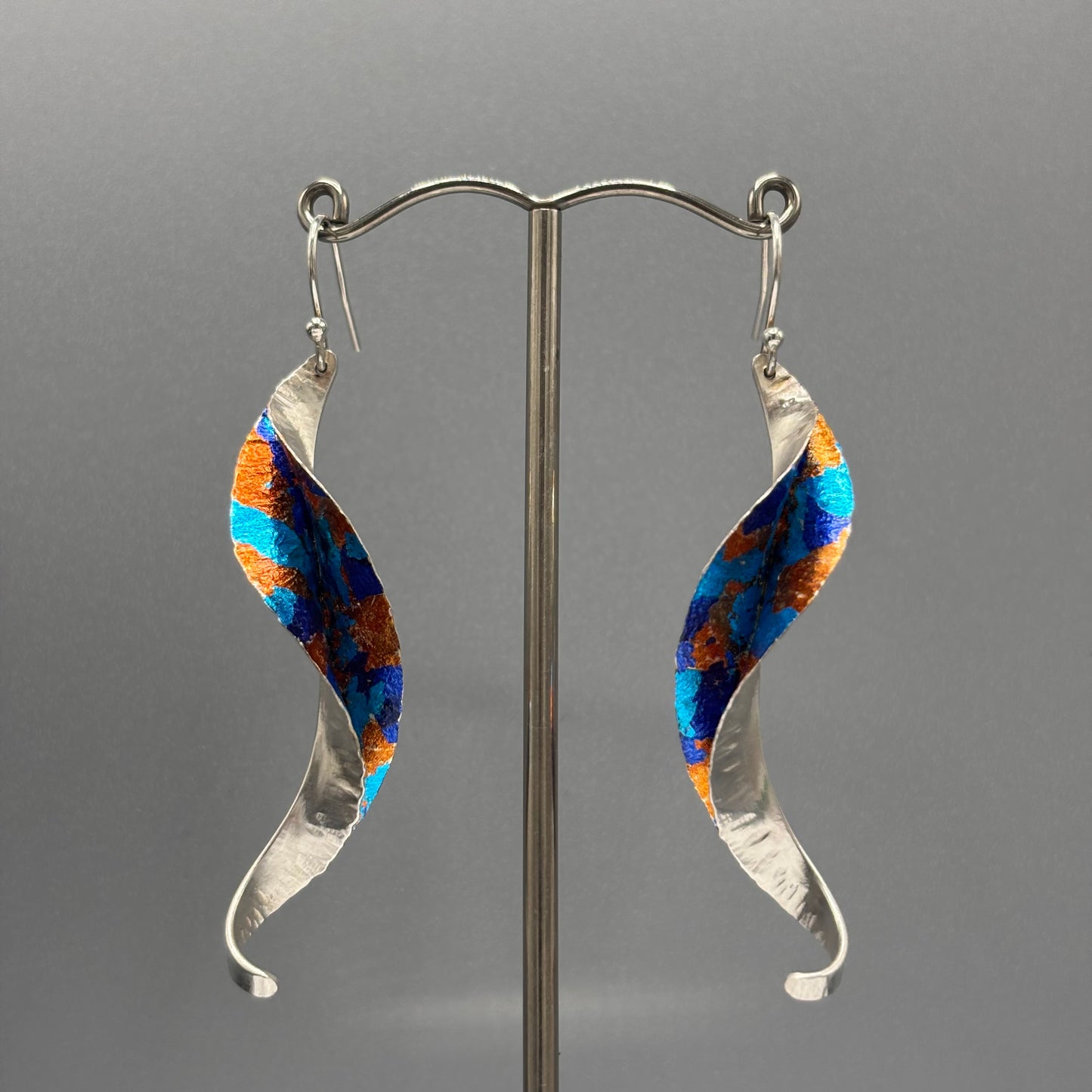 Victoria Sackwild – 60mm fine silver Willow Leaf earrings (dark blue/turquoise/copper)