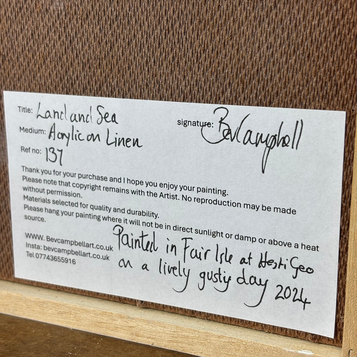 Bev Campbell's Land and Sea artist label: acrylic on linen, painted at Hesti Geo on Fair Isle in 2024